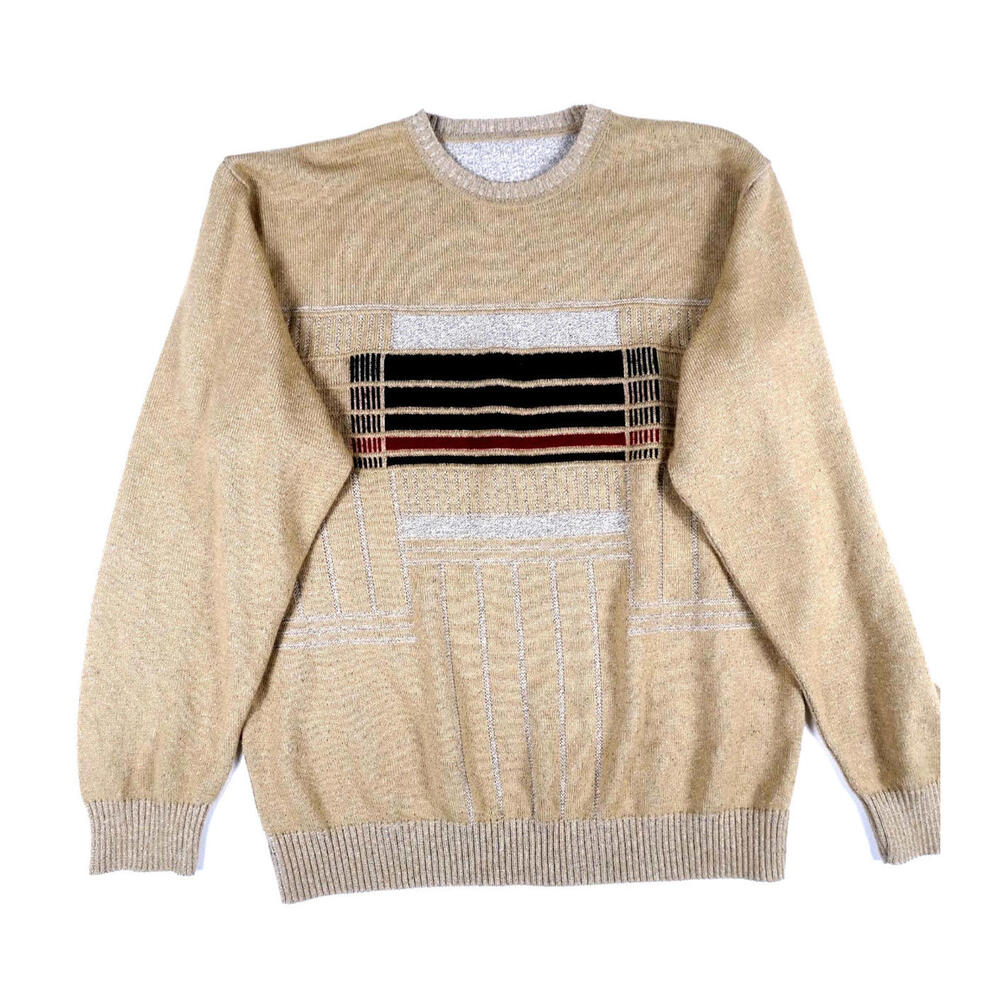 Vintage 90s Geometric Knit Sweater Men’s Large Wool Pullover Beige Retro
